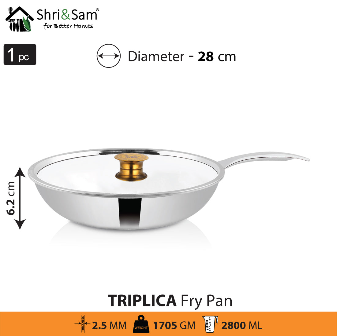 Stainless Steel Triply Fry Pan with SS Lid Triplica