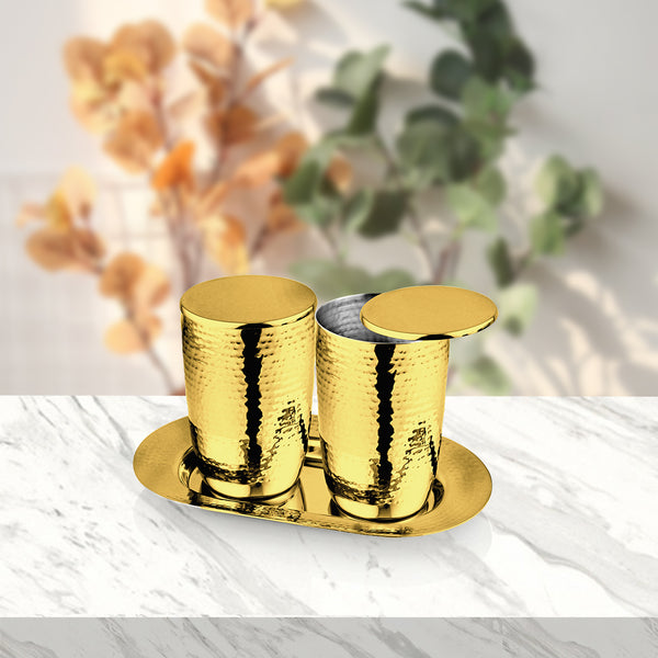 Stainless Steel 2 PCS Gold PVD Coated Hammered Glass with SS Lid & SS Tray Impression