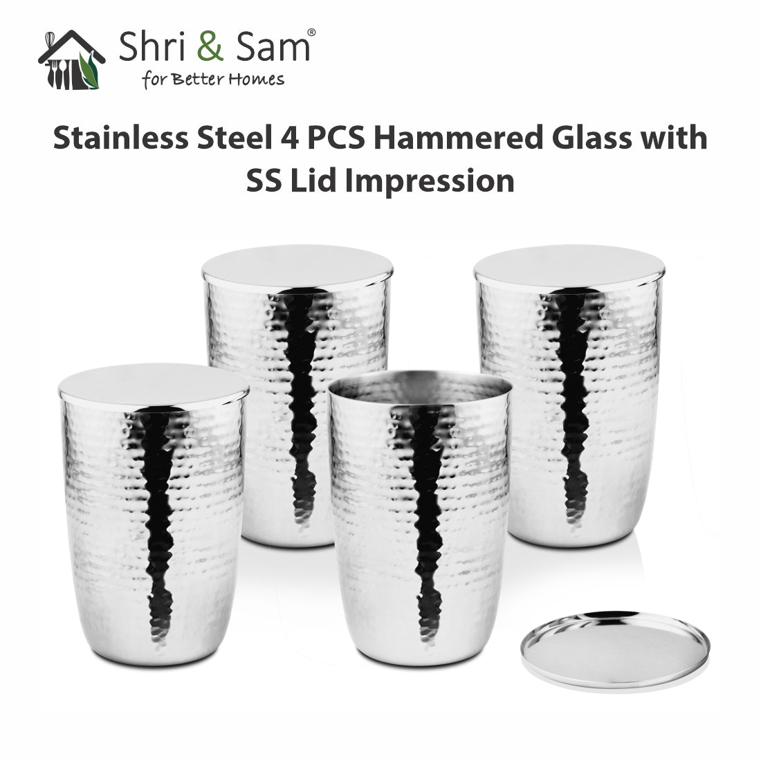 Stainless Steel 4 PCS Hammered Glass with SS Lid Impression