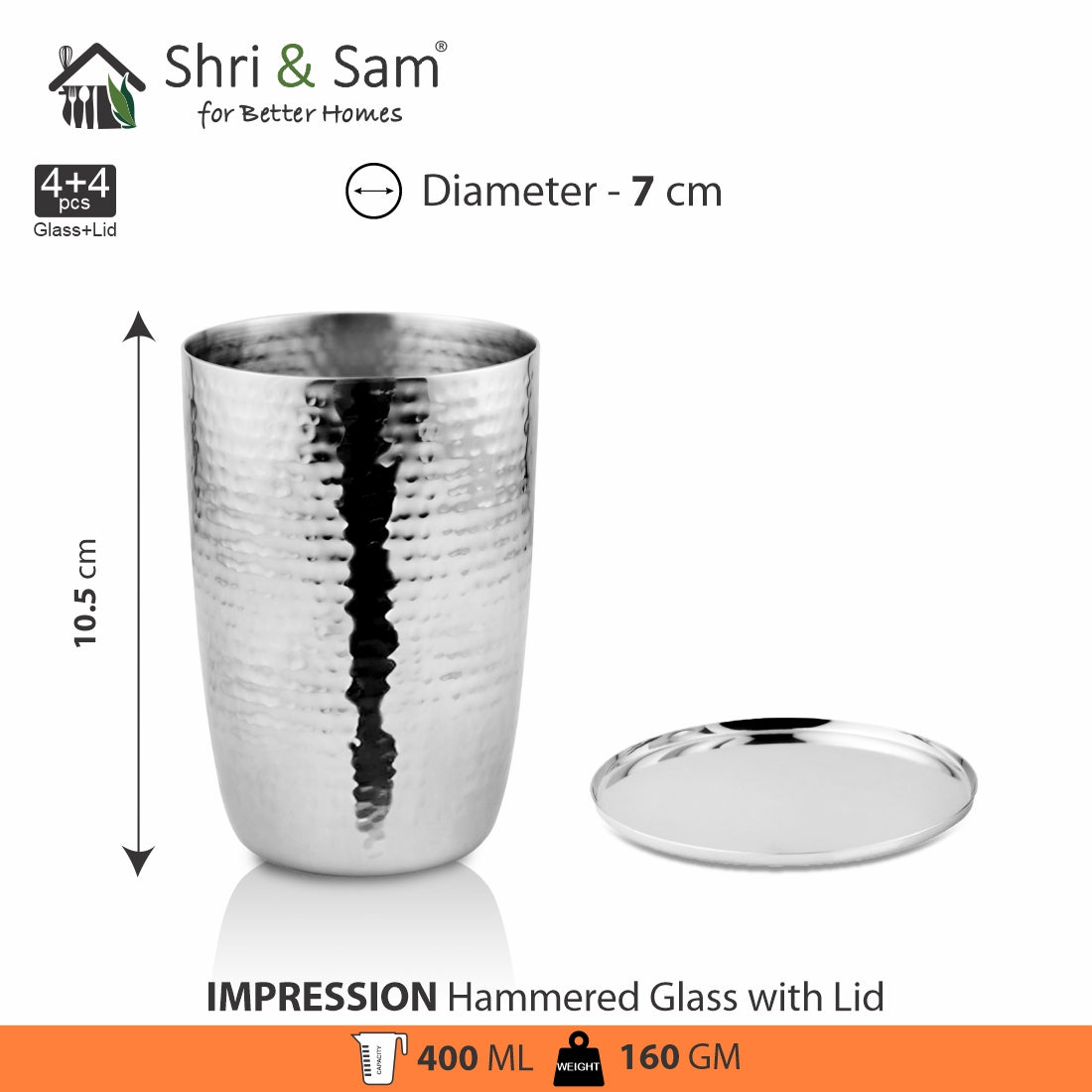 Stainless Steel 4 PCS Hammered Glass with SS Lid Impression