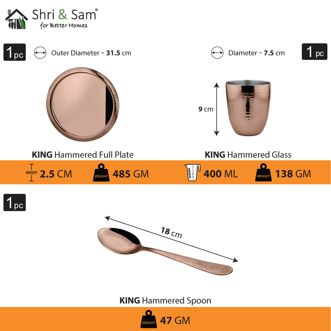 Stainless Steel Hammered Thali Set with Rose Gold PVD Coating King