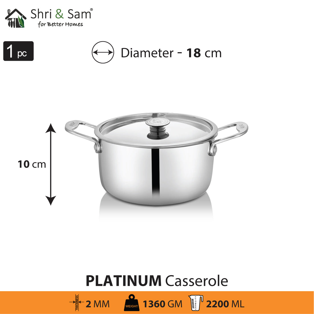 Stainless Steel Heavy Weight Casserole with SS Lid Platinum