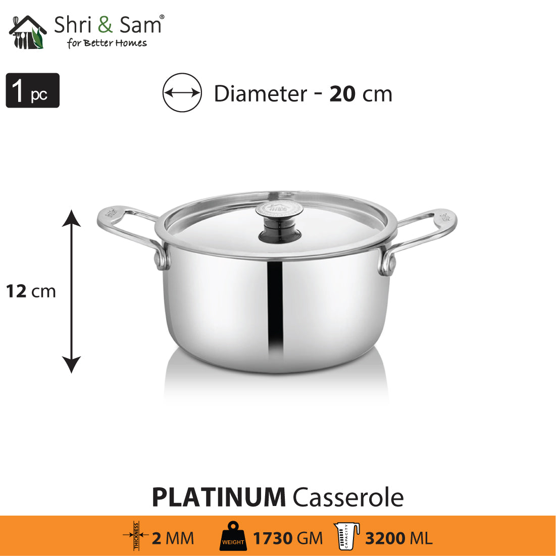 Stainless Steel Heavy Weight Casserole with SS Lid Platinum