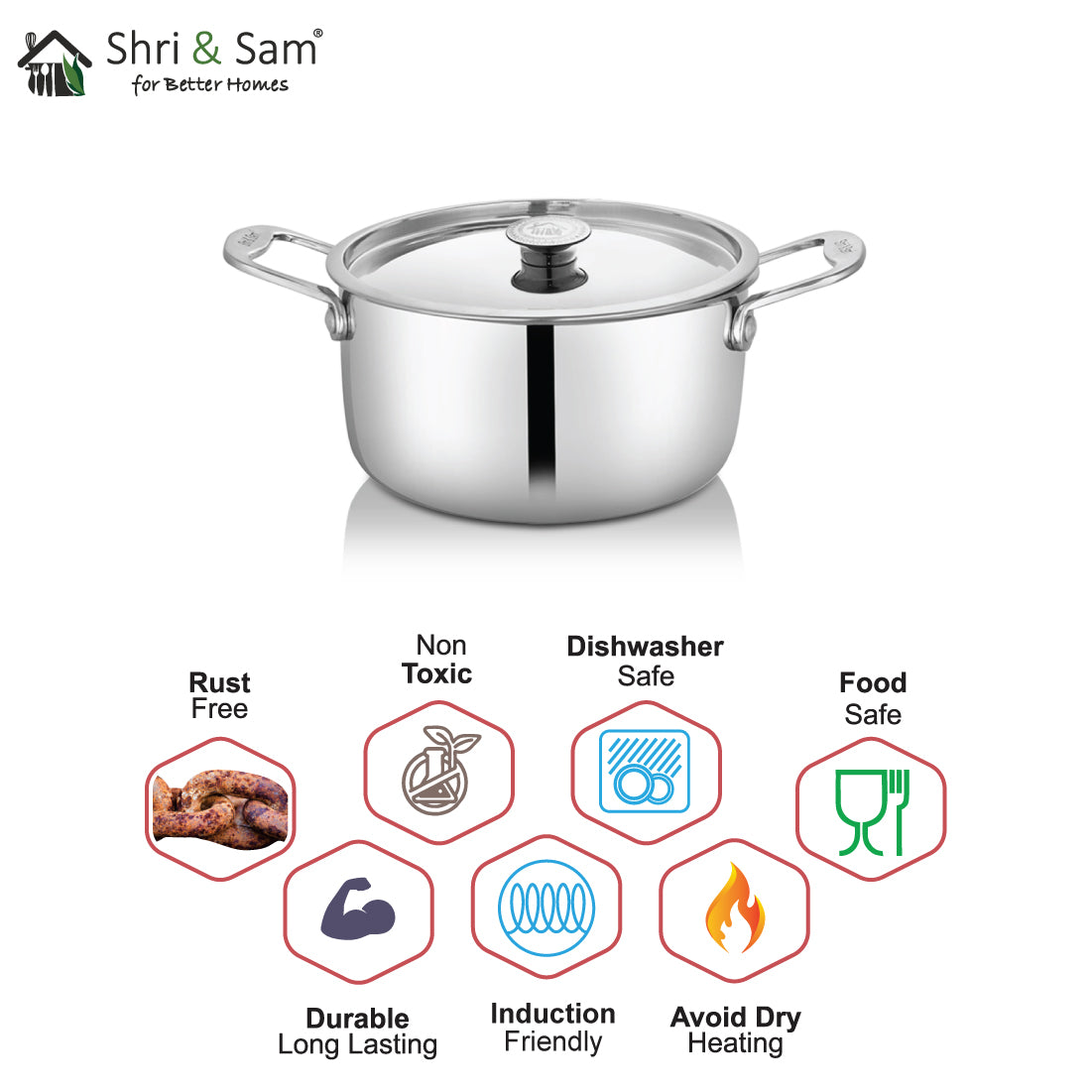 Stainless Steel Heavy Weight Casserole with SS Lid Platinum