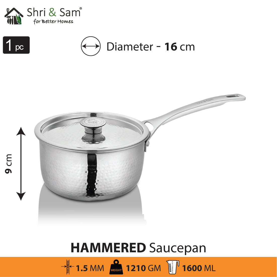 Stainless Steel Heavy Weight Hammered Sauce Pan with SS Lid Platinum