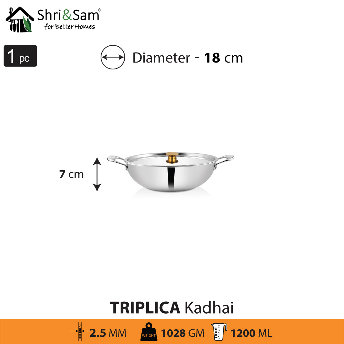 Stainless Steel Triply Kadhai with SS Lid Triplica