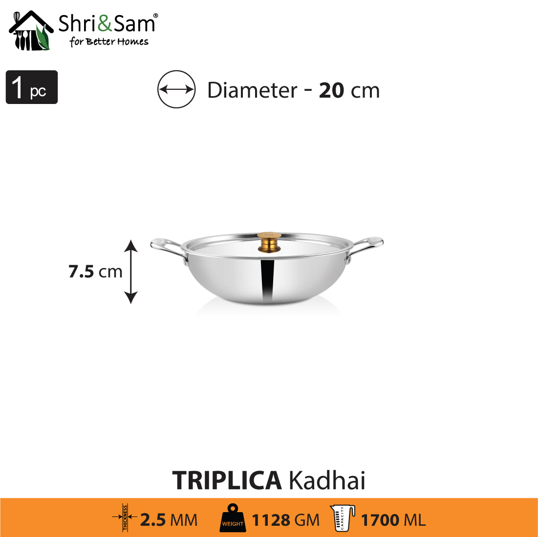 Stainless Steel Triply Kadhai with SS Lid Triplica