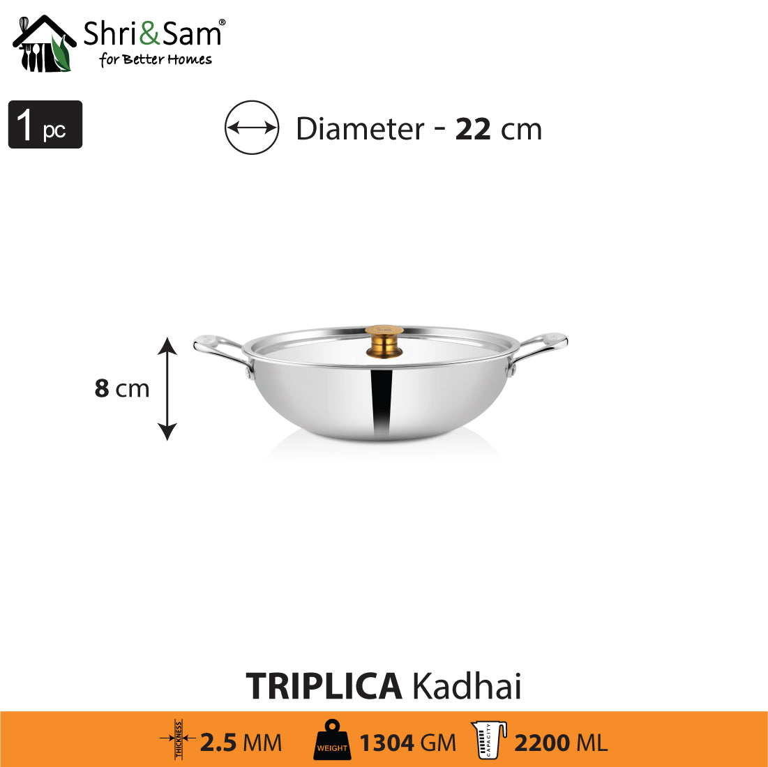 Stainless Steel Triply Kadhai with SS Lid Triplica