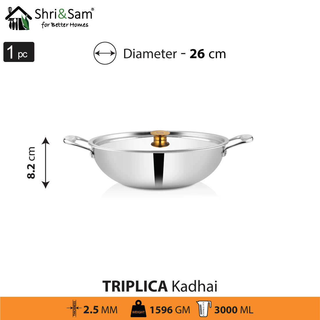 Stainless Steel Triply Kadhai with SS Lid Triplica