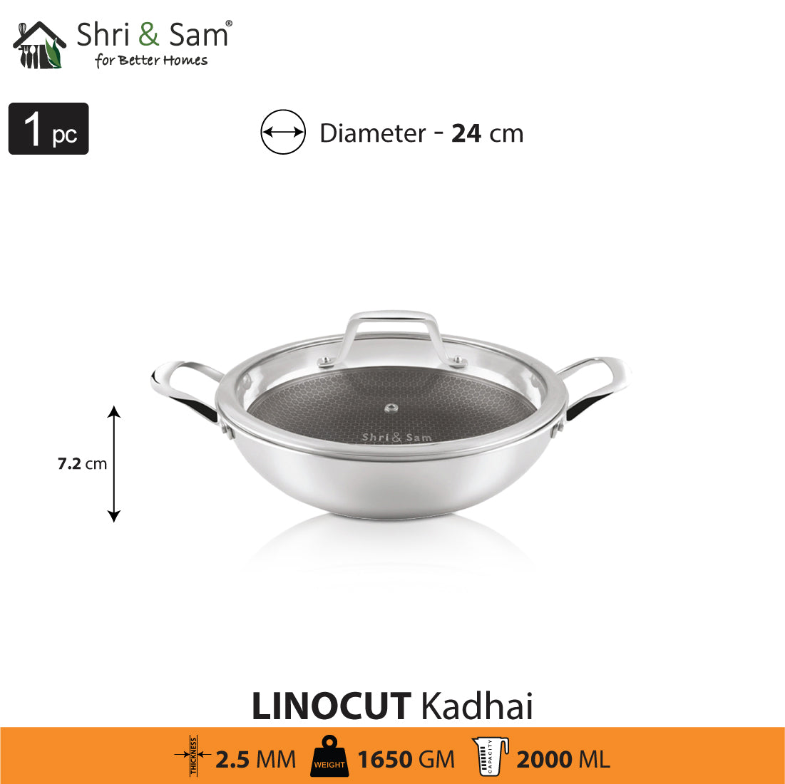 Stainless Steel Triply Non-Stick Kadhai with Glass Lid Linocut