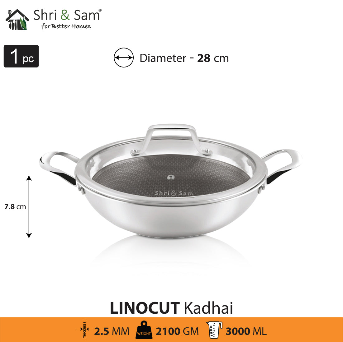 Stainless Steel Triply Non-Stick Kadhai with Glass Lid Linocut