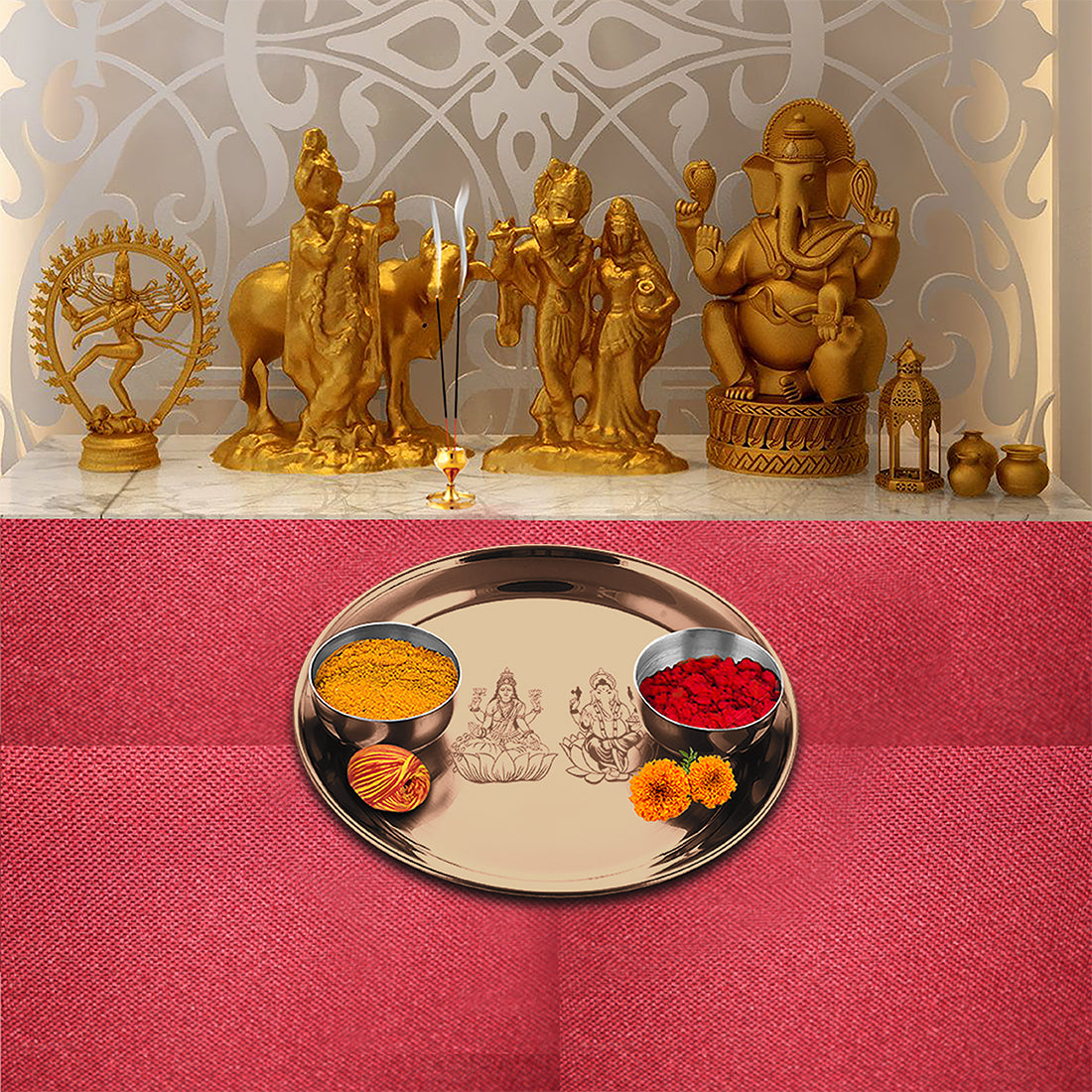 Stainless Steel Pooja Thali Set with Rose Gold PVD Coating Laxmi & Ganesh