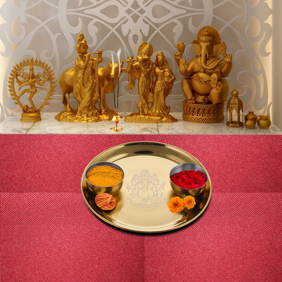 Stainless Steel Pooja Thali Set with Gold PVD Coating Ganesh