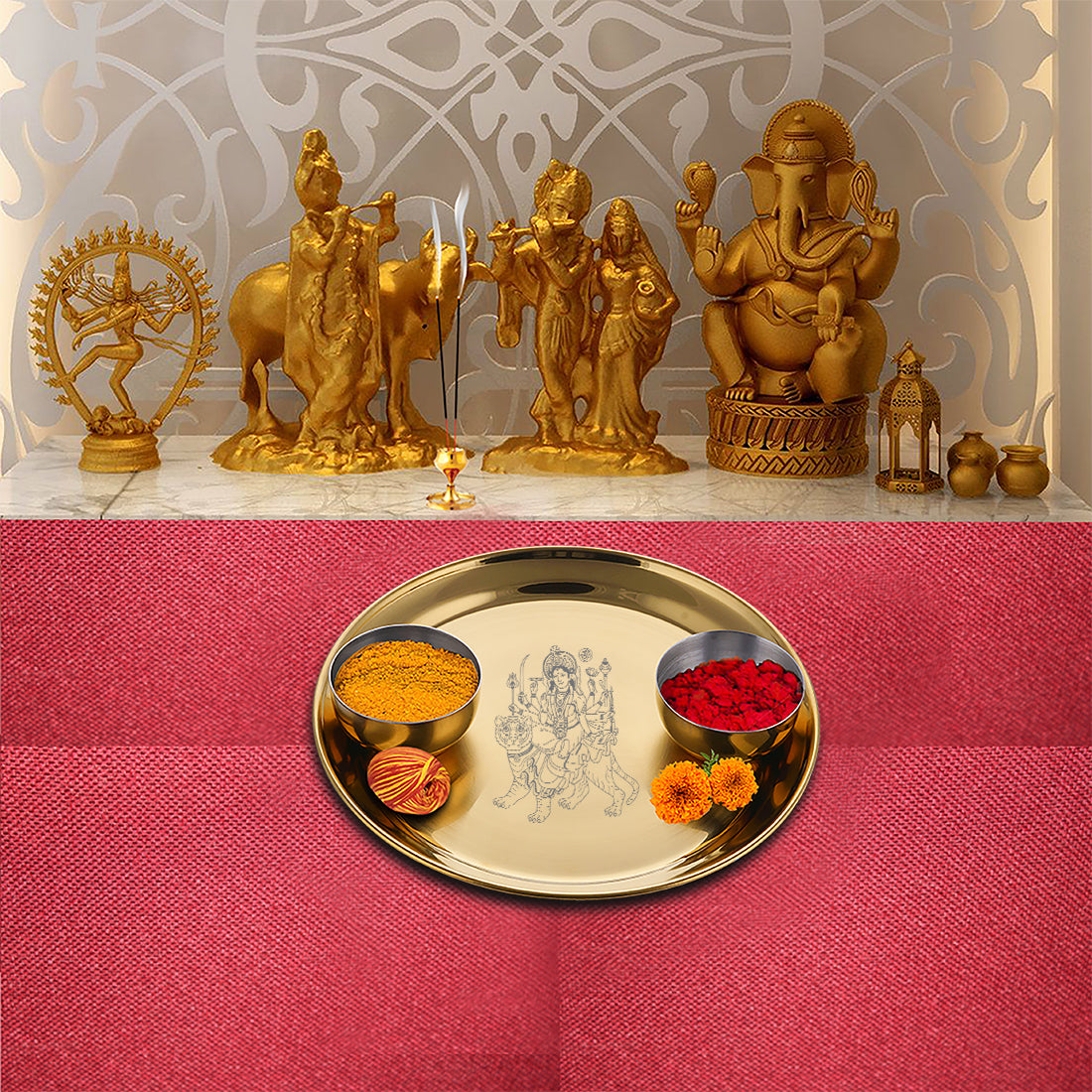 Stainless Steel Pooja Thali Set with Gold PVD Coating Durga Mata