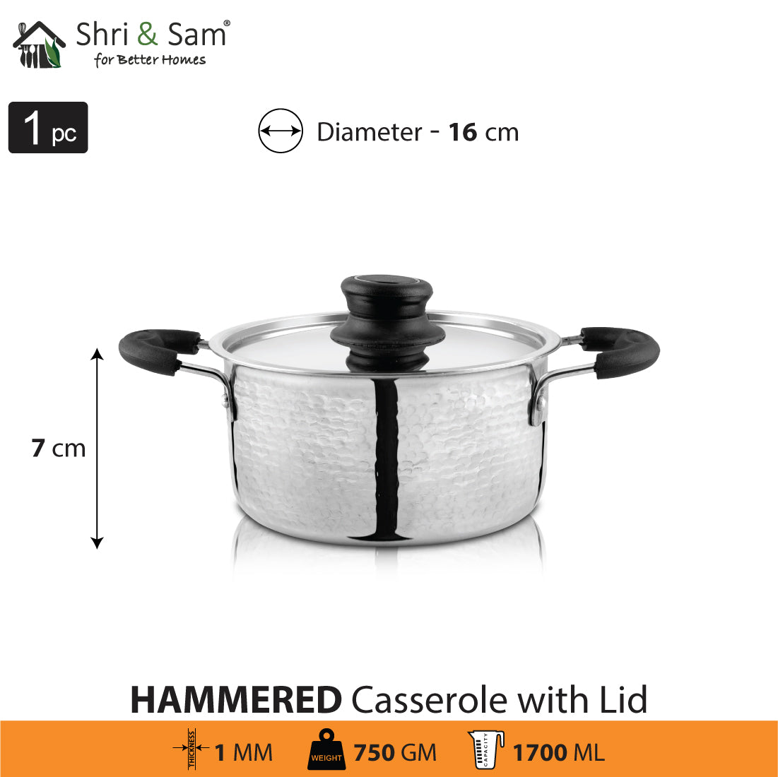 Stainless Steel Light Weight Hammered Casserole with SS Lid