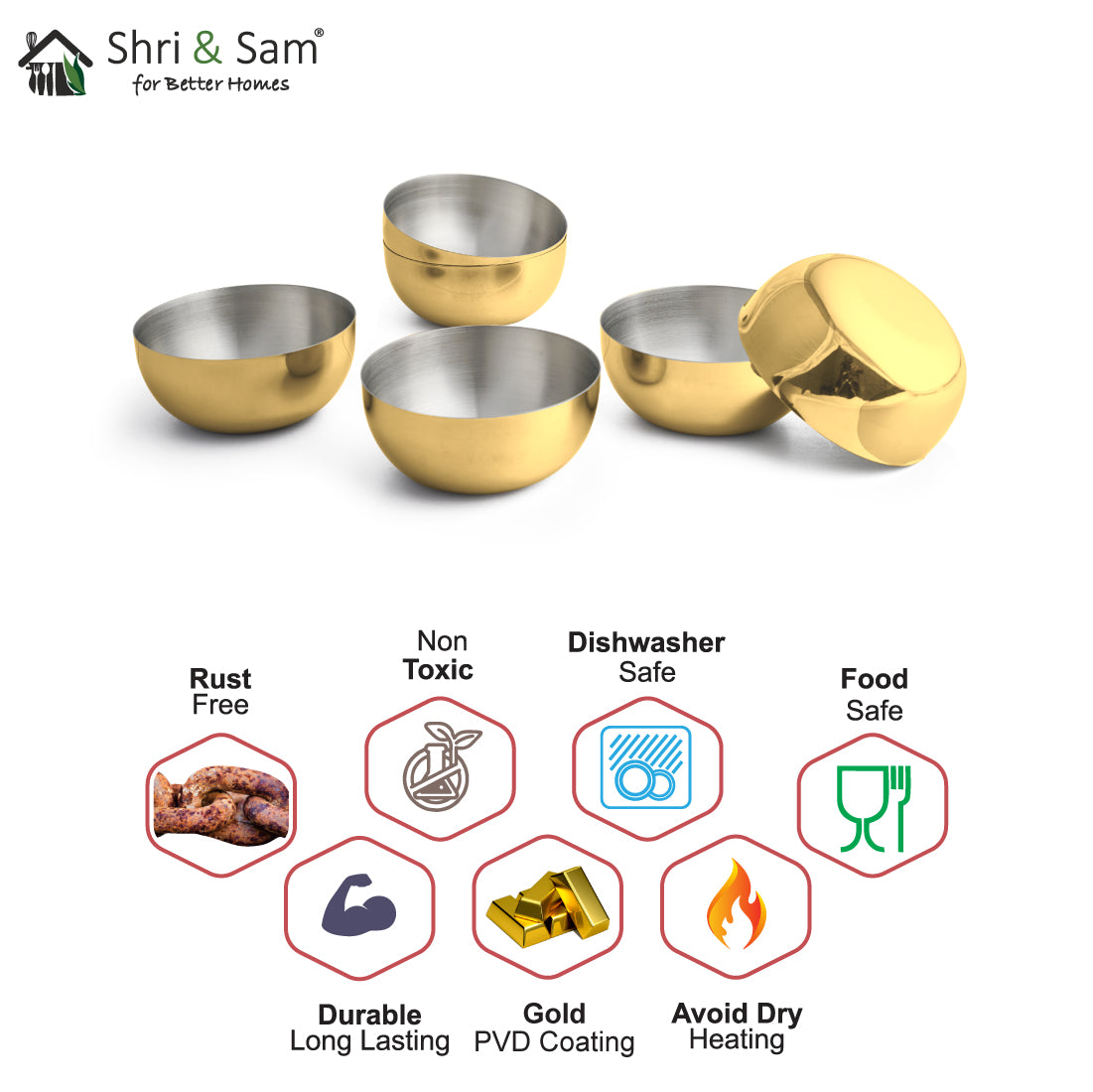 Stainless Steel 6 PCS Big Bowl with Gold PVD Coating Majestic