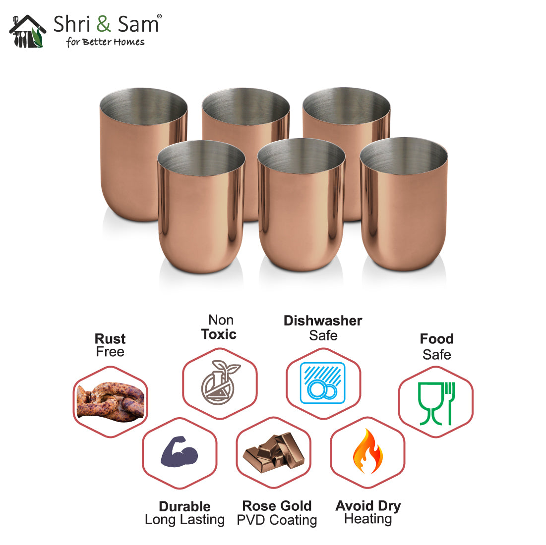 Stainless Steel 6 PCS Glass with Rose Gold PVD Coating Majestic