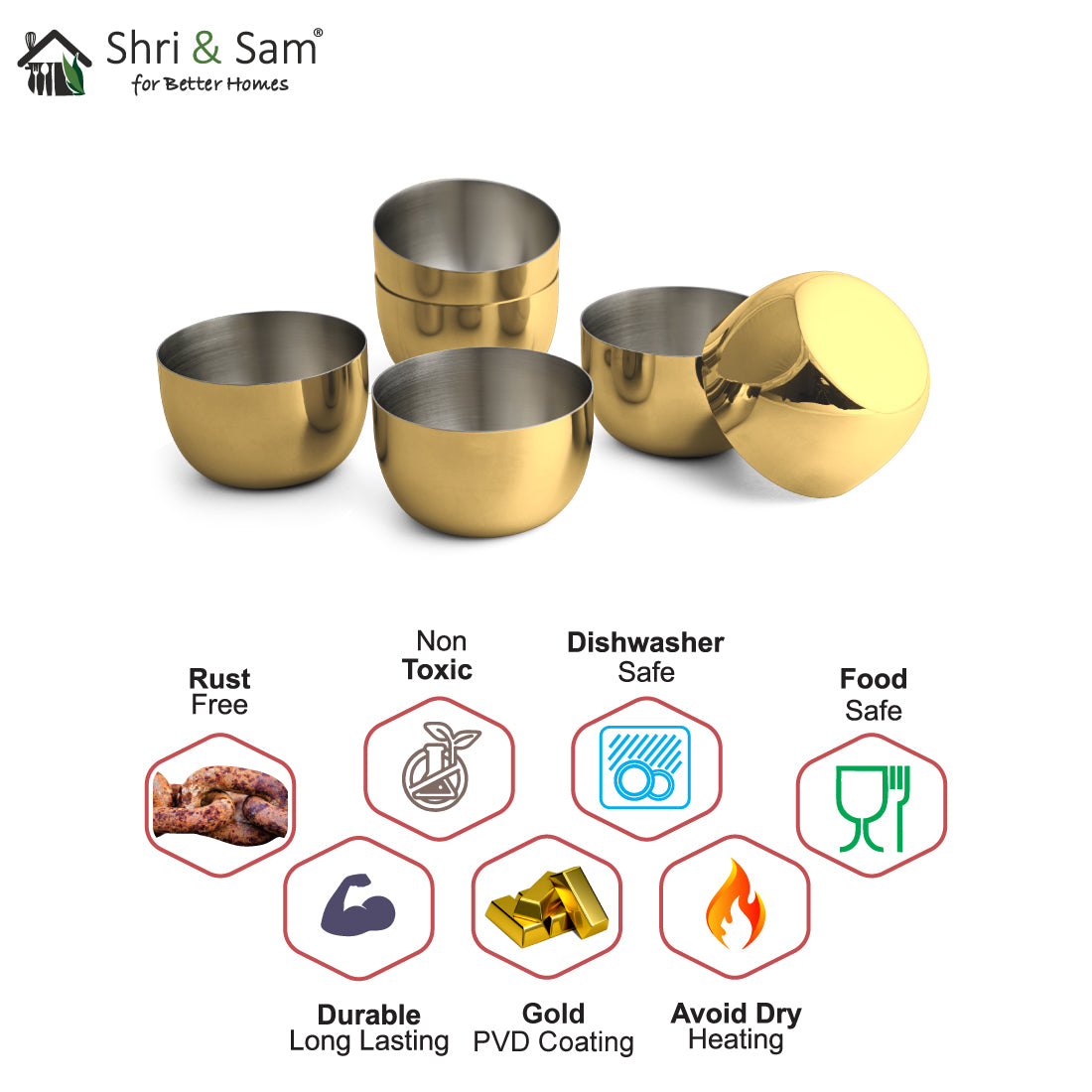 Stainless Steel 6 PCS Small Bowl with Gold PVD Coating Majestic