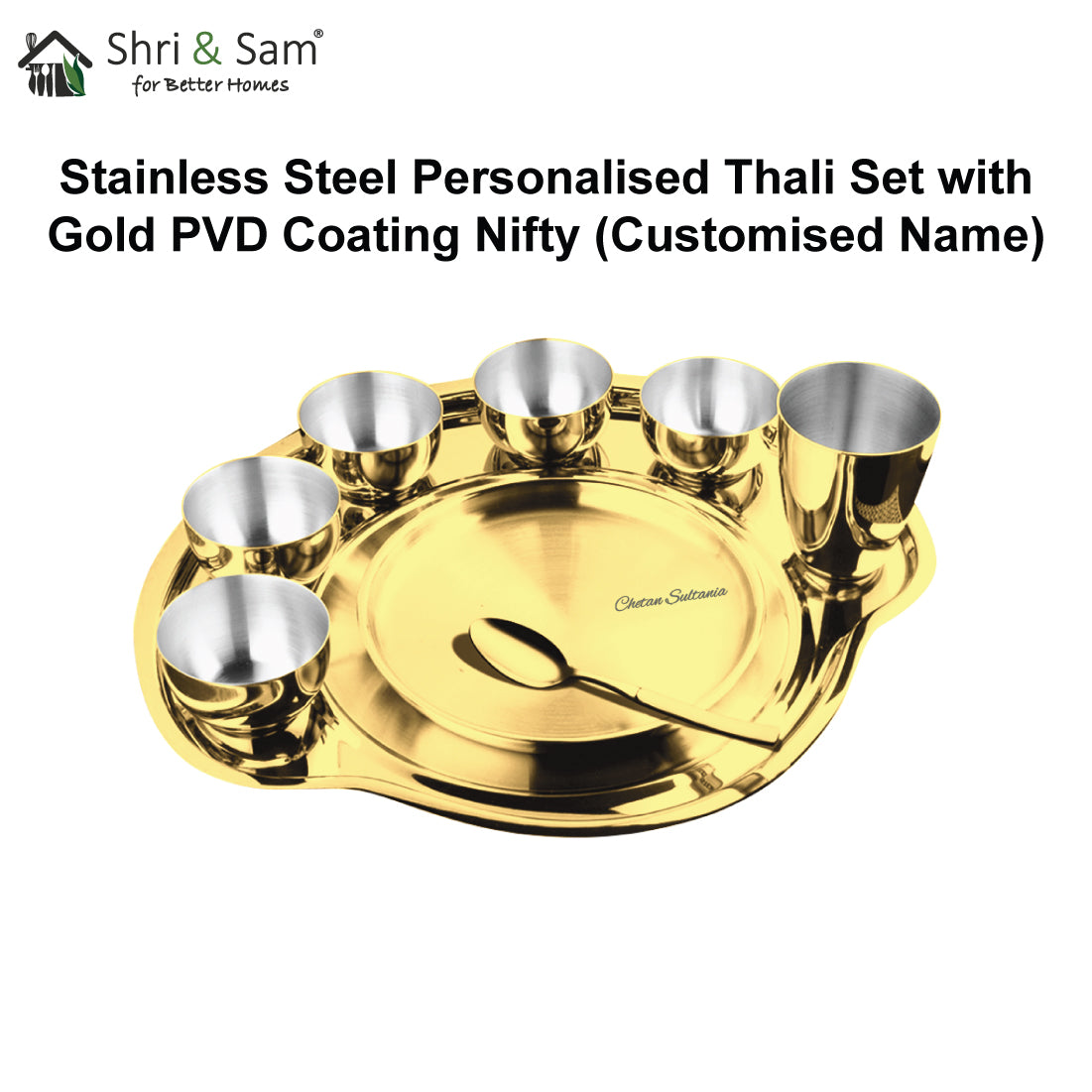 Stainless Steel Personalized Thali Set with Gold PVD Coating Nifty (Customized Name)