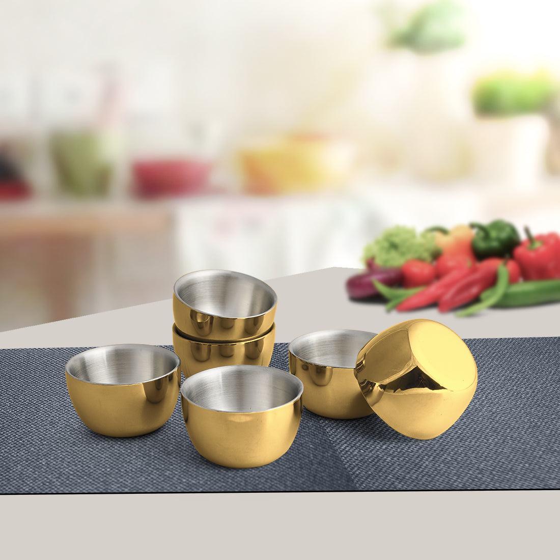 Stainless Steel 6 PCS Double Wall Bowl with Gold PVD Coating Nikki