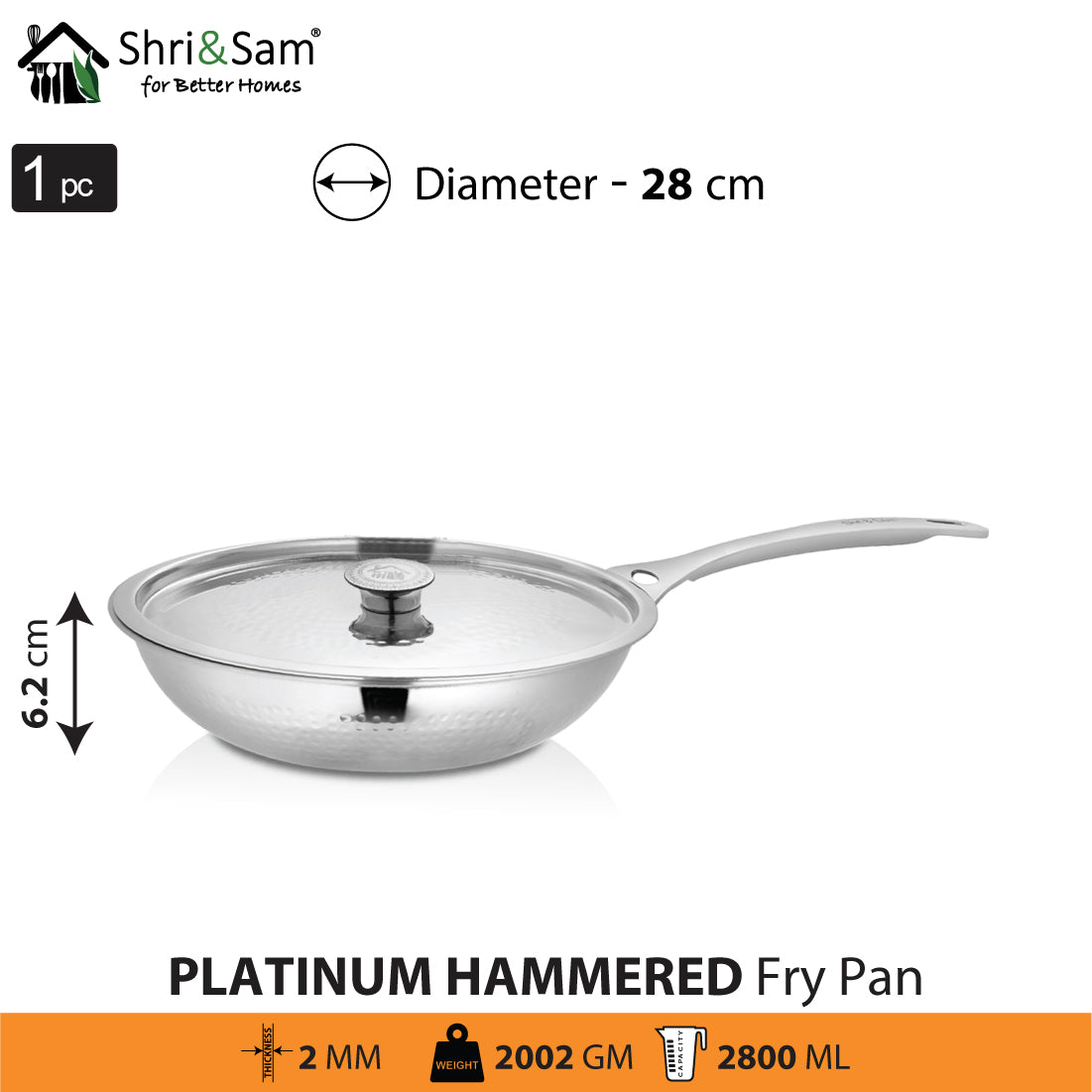 Stainless Steel Heavy Weight Hammered Fry Pan with SS Lid Platinum