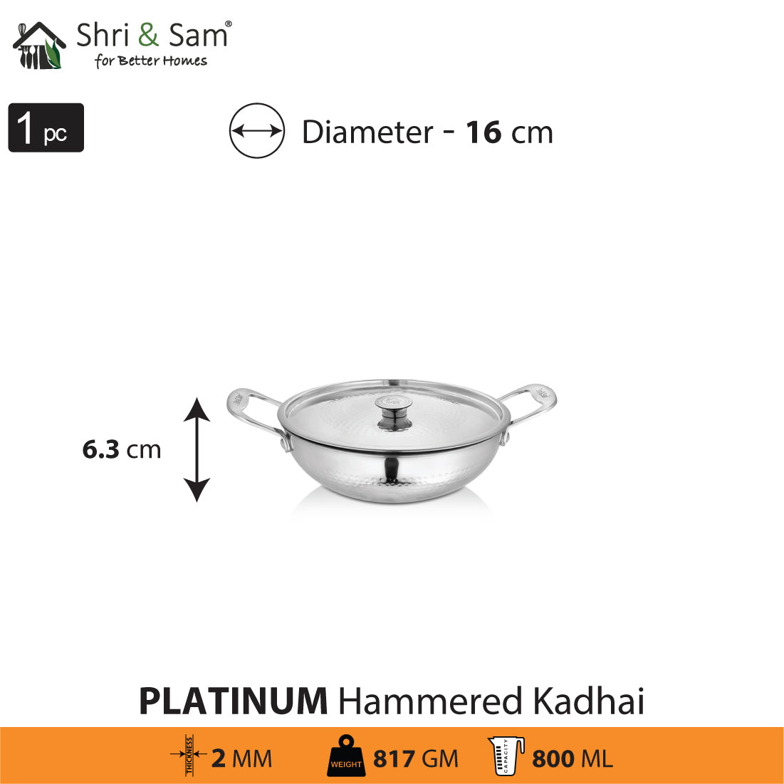 Stainless Steel Heavy Weight Hammered Kadhai with SS Lid Platinum