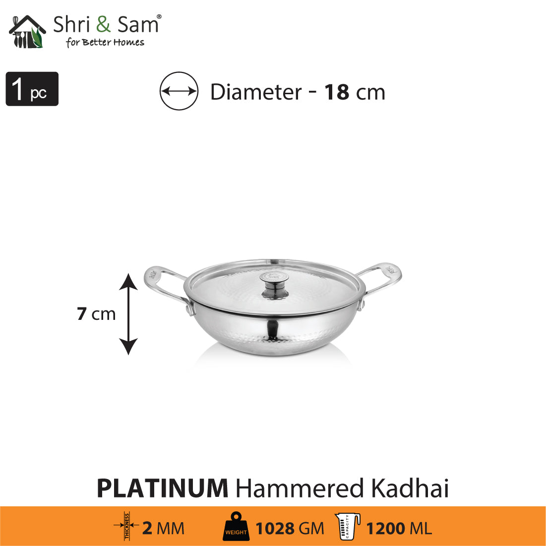 Stainless Steel Heavy Weight Hammered Kadhai with SS Lid Platinum