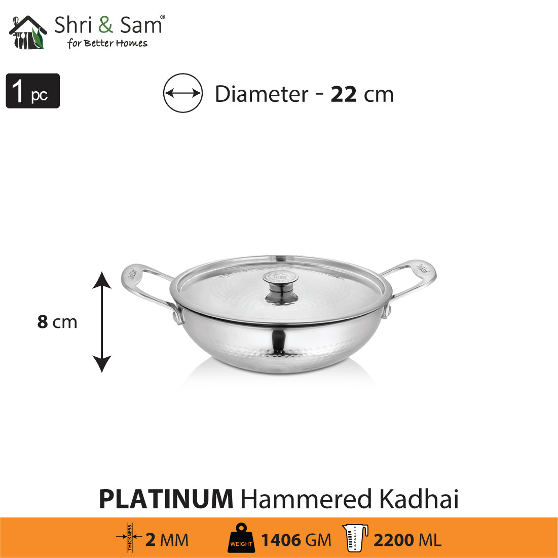 Stainless Steel Heavy Weight Hammered Kadhai with SS Lid Platinum