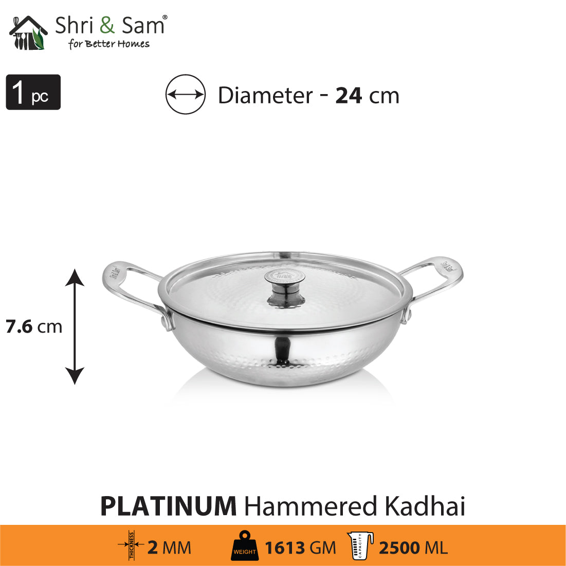 Stainless Steel Heavy Weight Hammered Kadhai with SS Lid Platinum