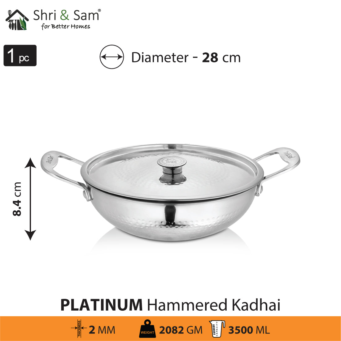 Stainless Steel Heavy Weight Hammered Kadhai with SS Lid Platinum
