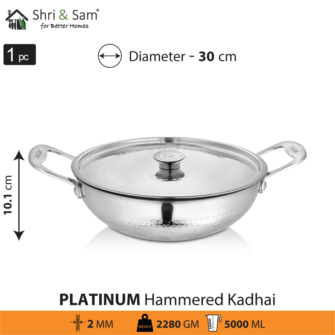 Stainless Steel Heavy Weight Hammered Kadhai with SS Lid Platinum