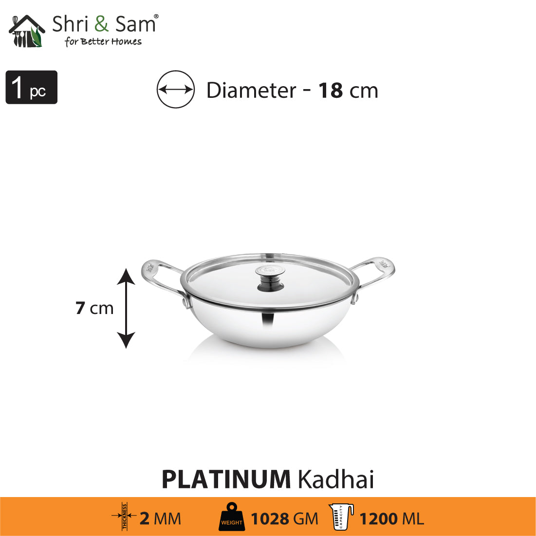 Stainless Steel Heavy Weight Kadhai with SS Lid Platinum