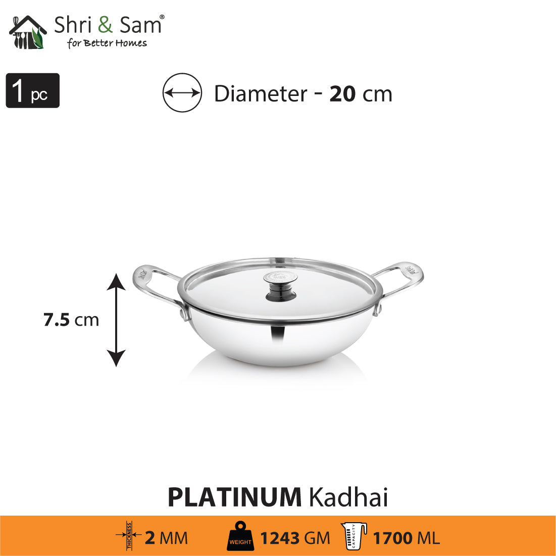 Stainless Steel Heavy Weight Kadhai with SS Lid Platinum