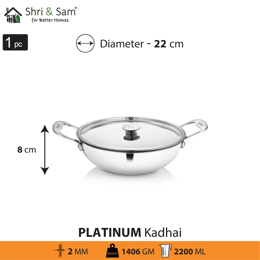 Stainless Steel Heavy Weight Kadhai with SS Lid Platinum