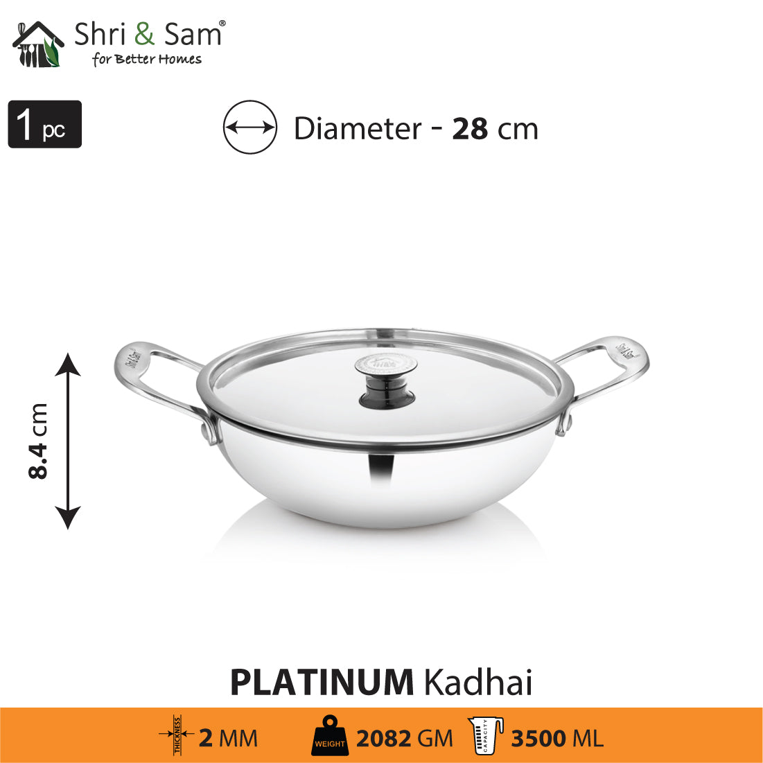 Stainless Steel Heavy Weight Kadhai with SS Lid Platinum
