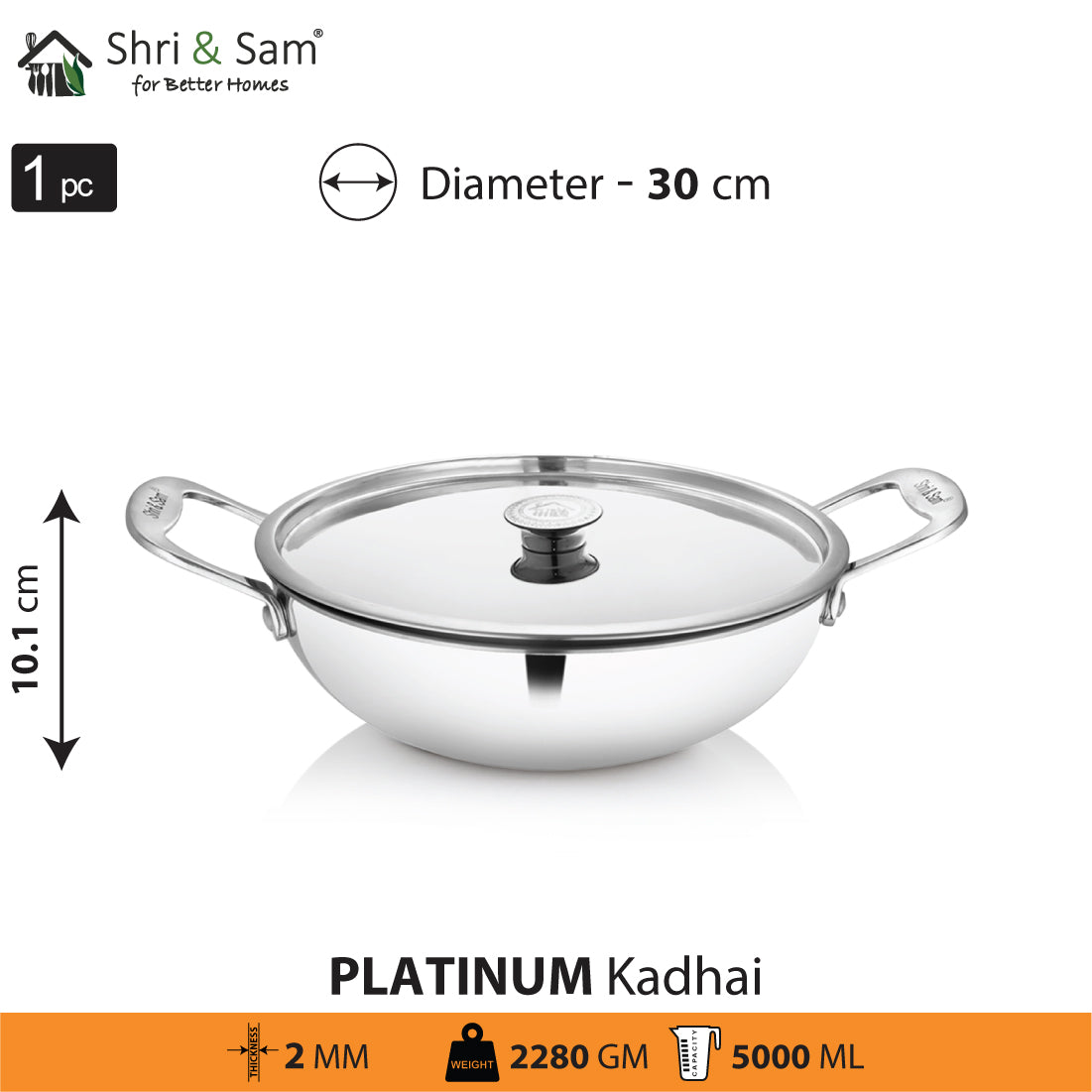 Stainless Steel Heavy Weight Kadhai with SS Lid Platinum