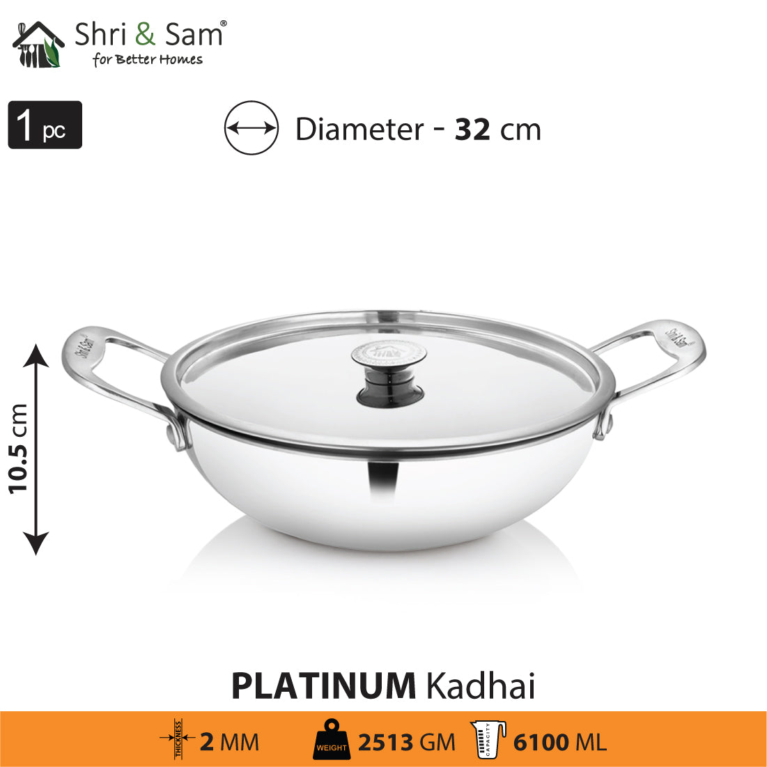 Stainless Steel Heavy Weight Kadhai with SS Lid Platinum