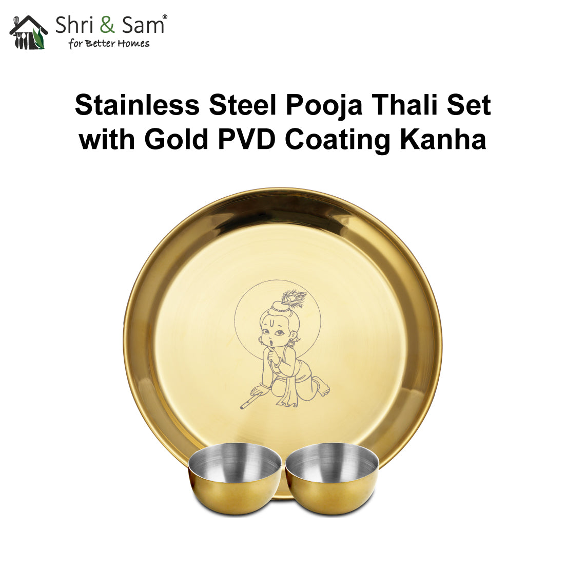 Stainless Steel Pooja Thali Set with Gold PVD Coating Kanha
