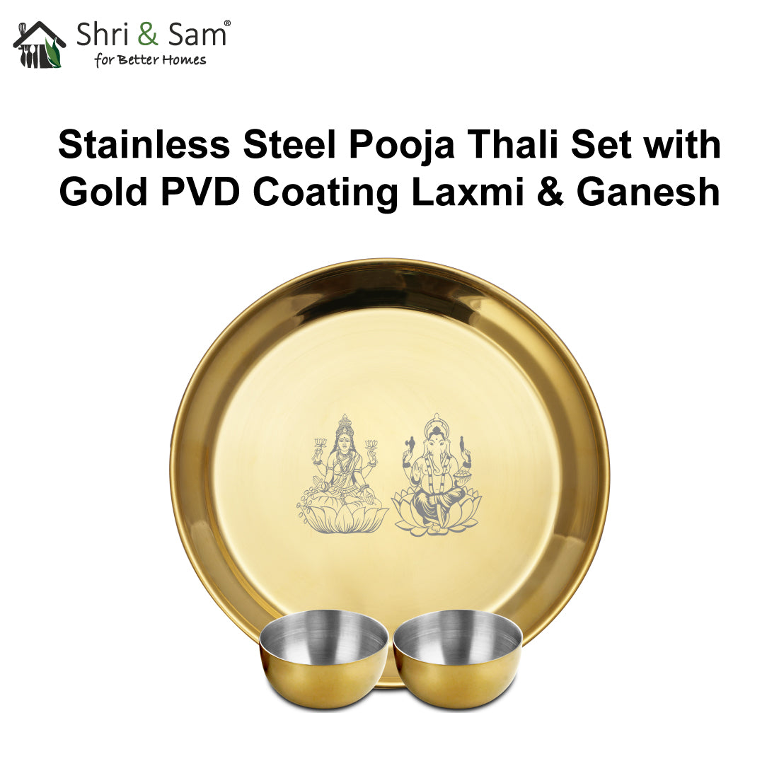 Stainless Steel Pooja Thali Set with Gold PVD Coating Laxmi & Ganesh
