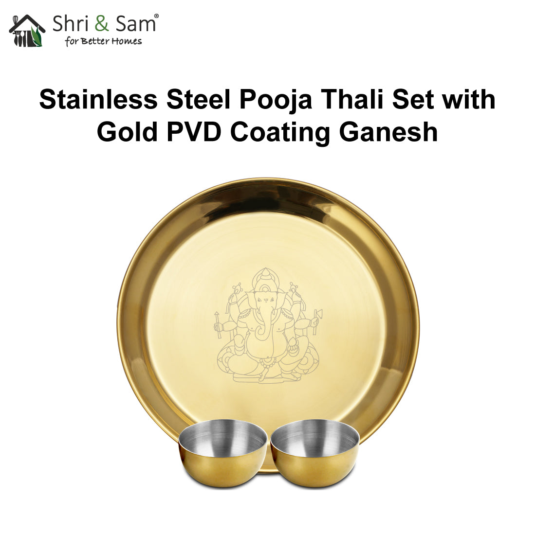 Stainless Steel Pooja Thali Set with Gold PVD Coating Ganesh