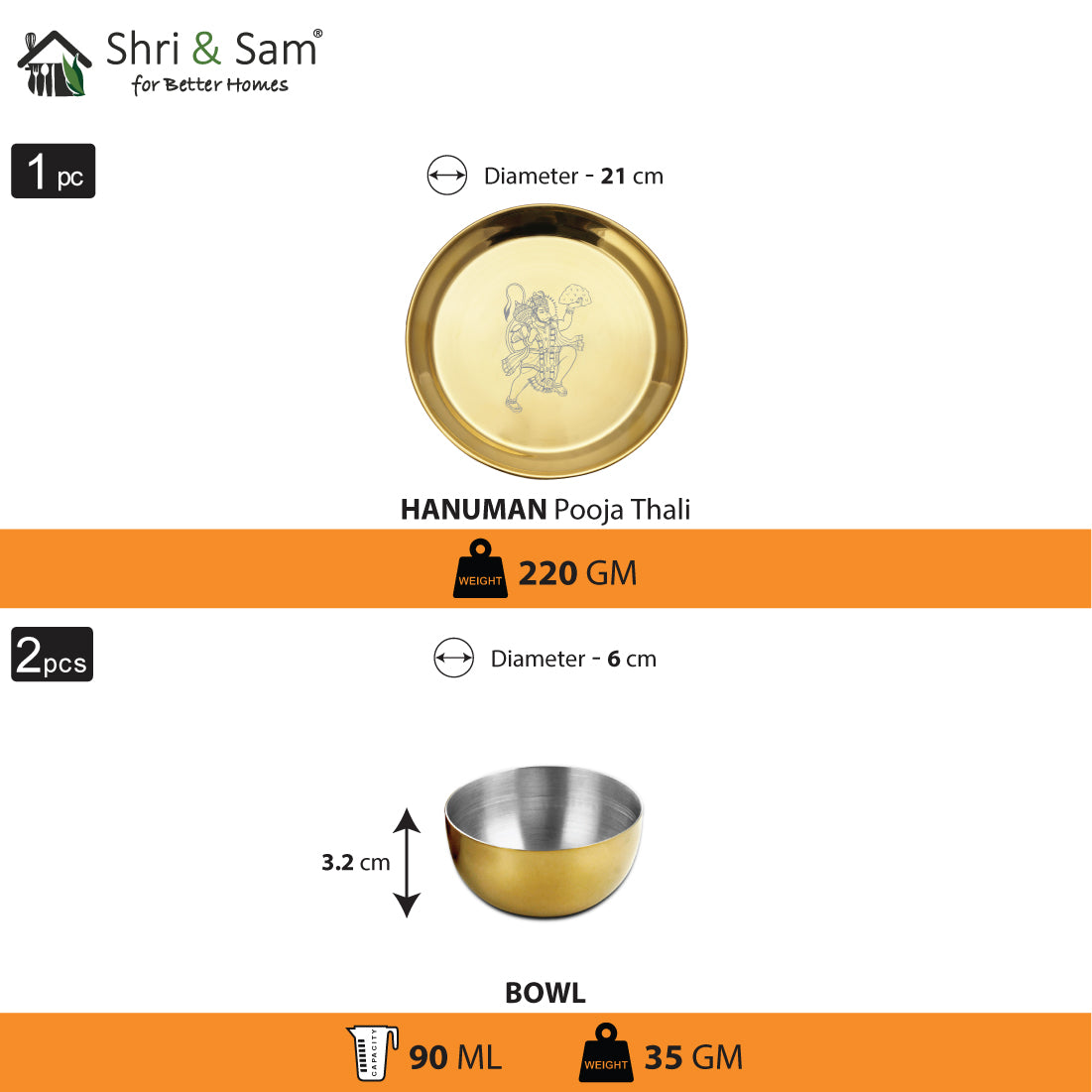 Stainless Steel Pooja Thali Set with Gold PVD Coating Hanuman