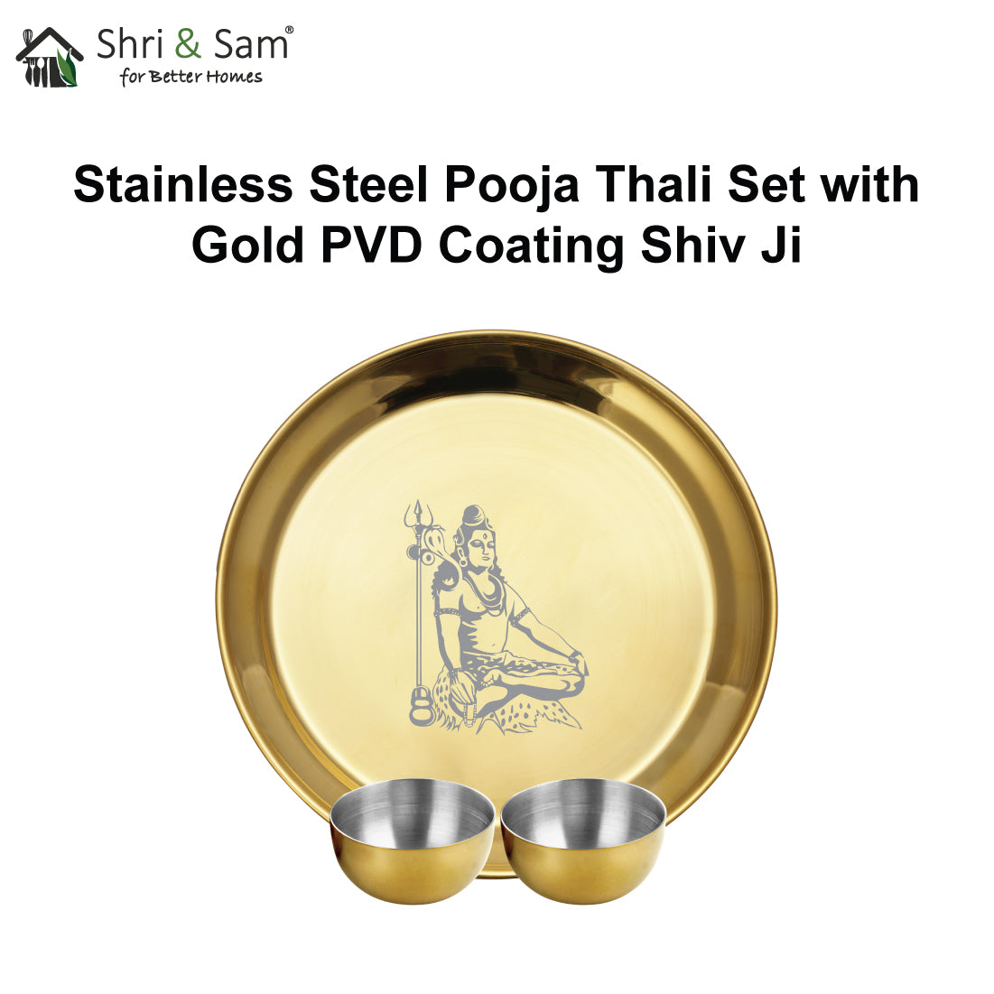 Stainless Steel Pooja Thali Set with Gold PVD Coating Shiv