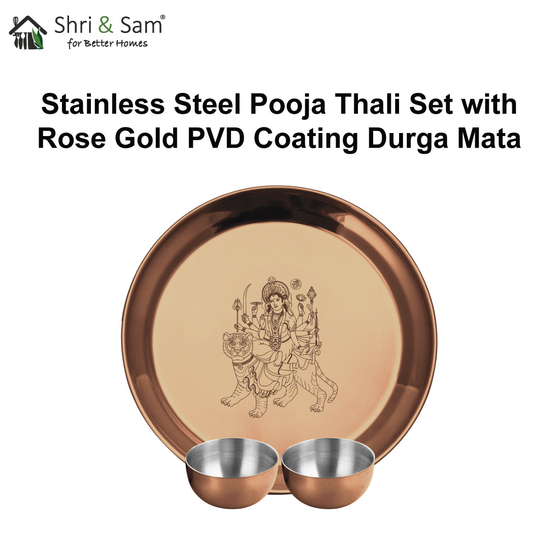 Stainless Steel Pooja Thali Set with Rose Gold PVD Coating Durga Mata