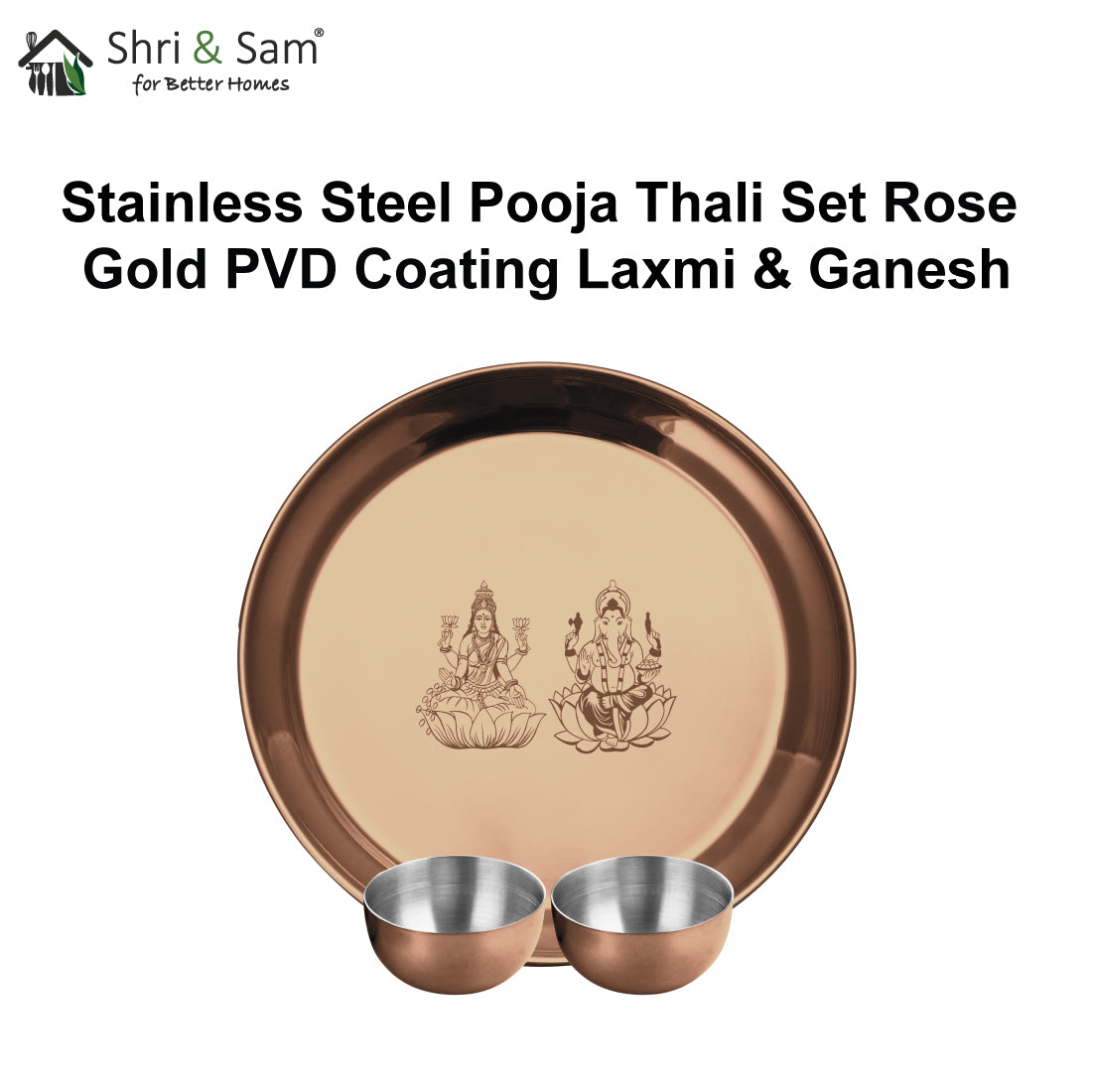 Stainless Steel Pooja Thali Set with Rose Gold PVD Coating Laxmi & Ganesh