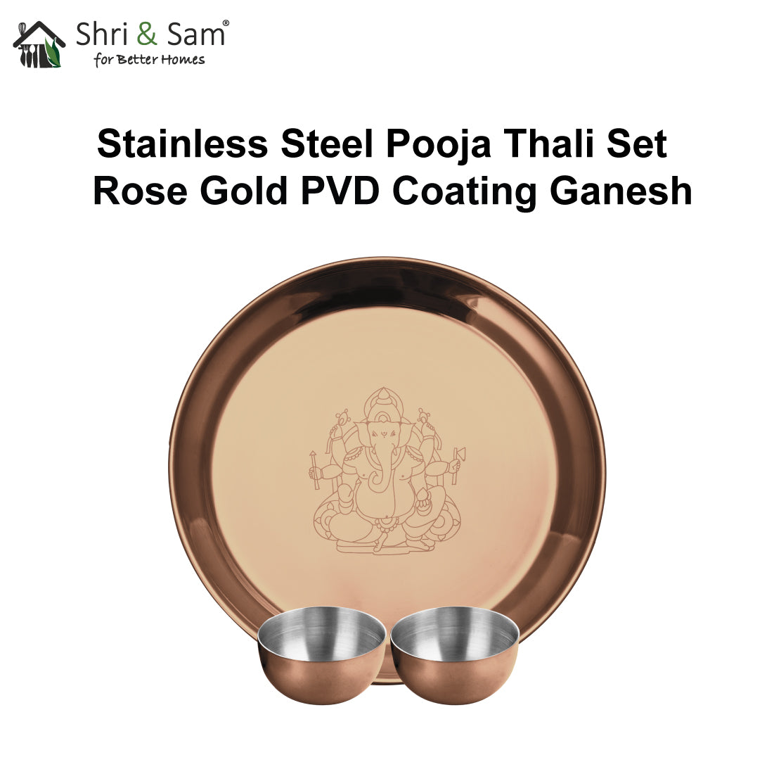 Stainless Steel Pooja Thali Set with Rose Gold PVD Coating Ganesh