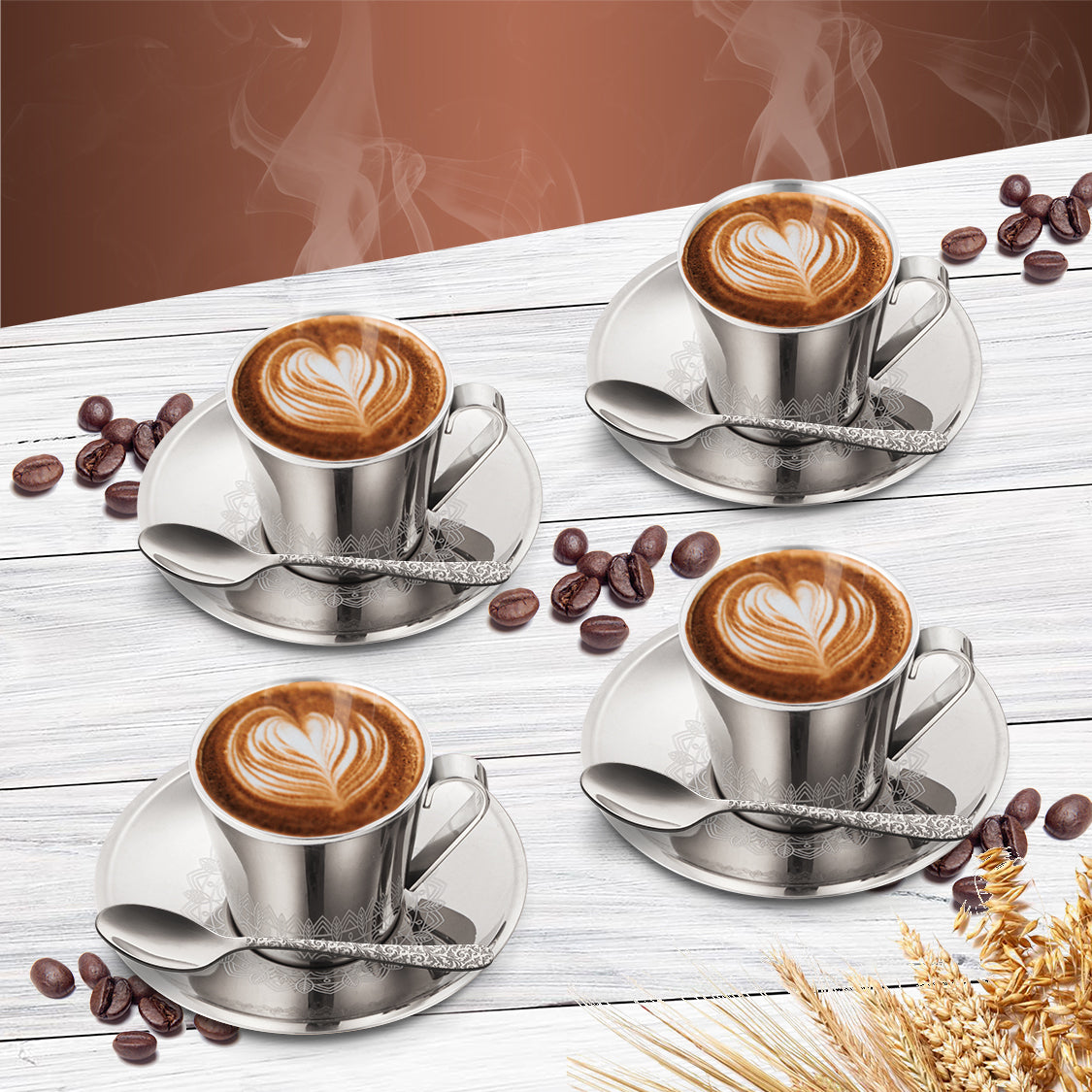 Stainless Steel 4 PCS Double Wall Cup and Saucer with Laser Rise