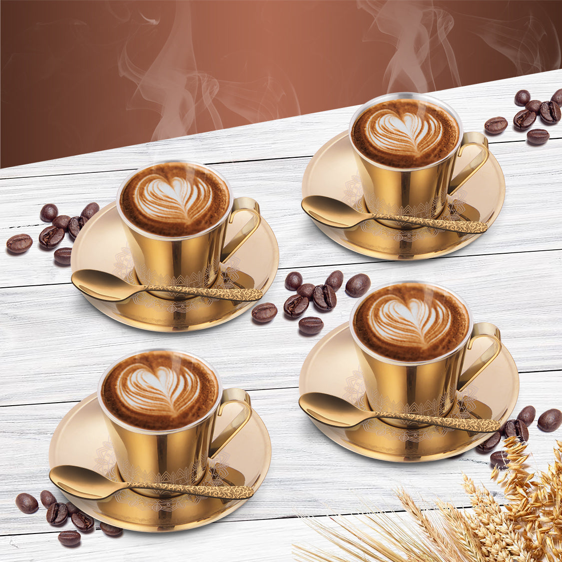 Stainless Steel 4 PCS Double Wall Cup and Saucer with Gold PVD Coating & Laser Rise