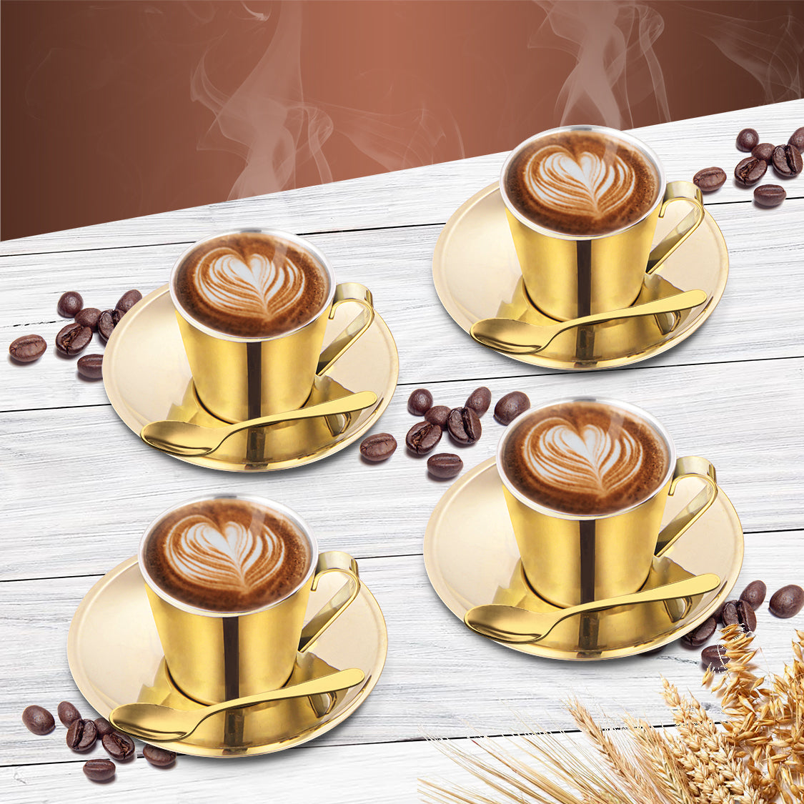 Stainless Steel 4 PCS Double Wall Cup and Saucer with Gold PVD Coating Rise