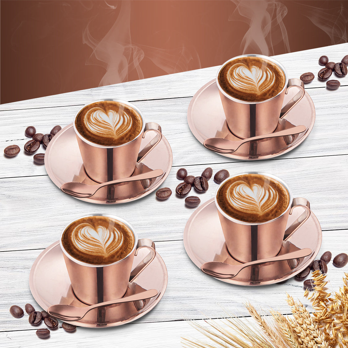 Stainless Steel 4 PCS Double Wall Cup and Saucer with Rose Gold PVD Coating Rise