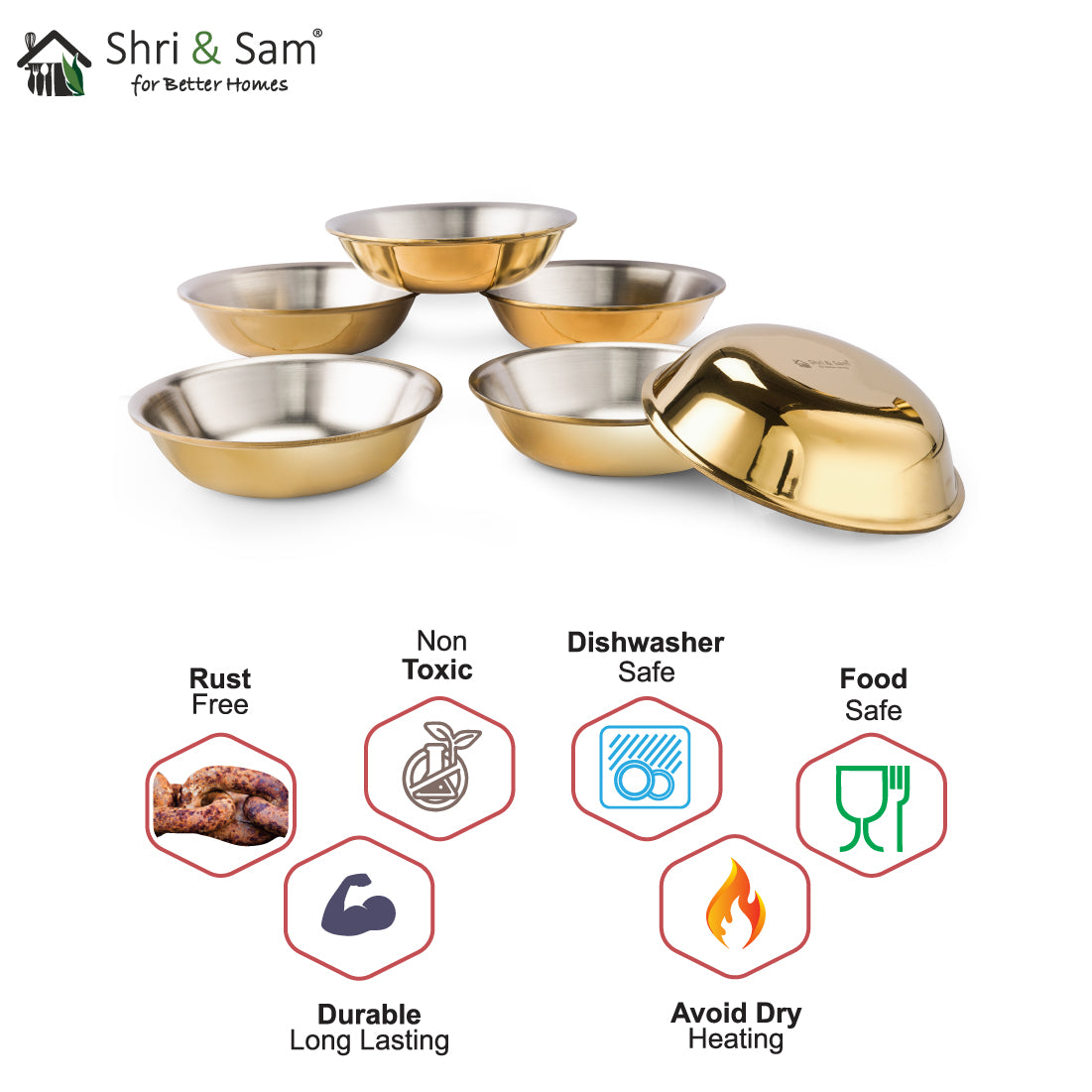 Stainless Steel 6 PCS Big Bowl with Gold PVD Coating Signature - Matt